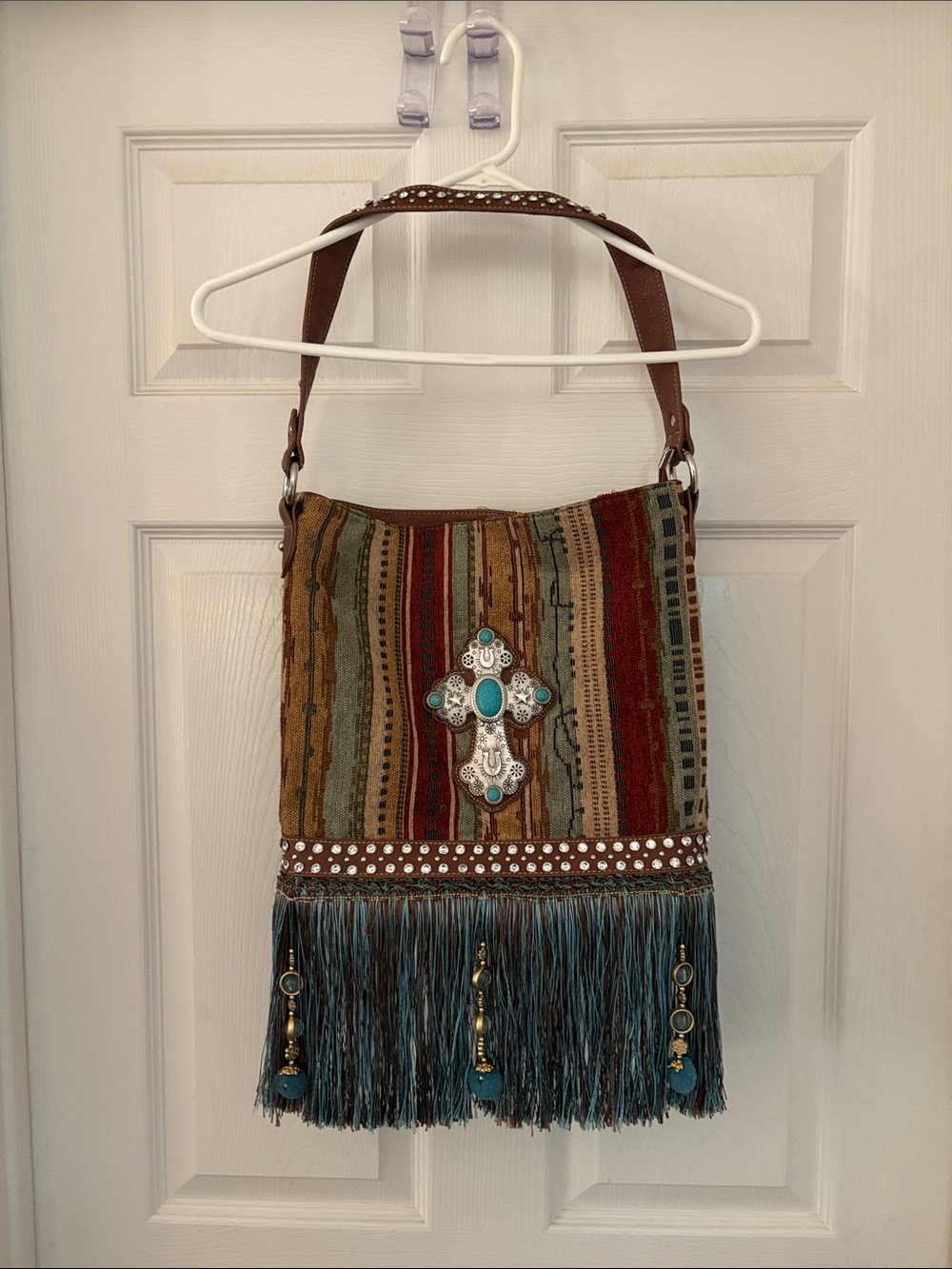 Montana West Bohemian Turquoise Cross Fringe Shoulder Bag-Brown & Teal. 11x13x4